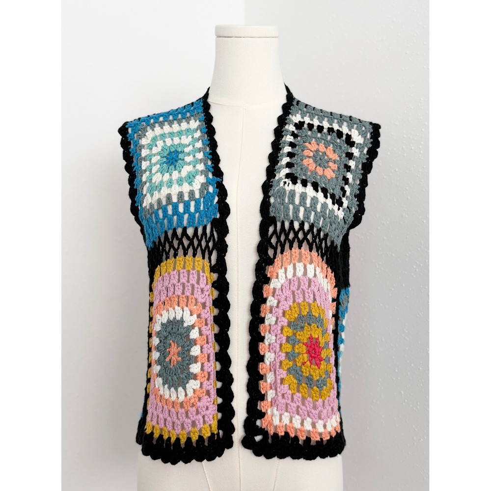Umgee Crochet Granny Square Patchwork Vest Colorful Boho Festival Open Front S